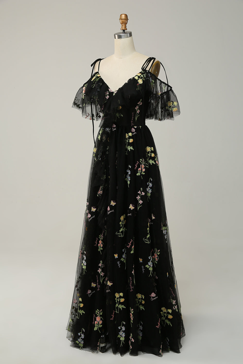 A-Line V-Neck Spaghetti Straps Embroidery Black Slit Prom Dress