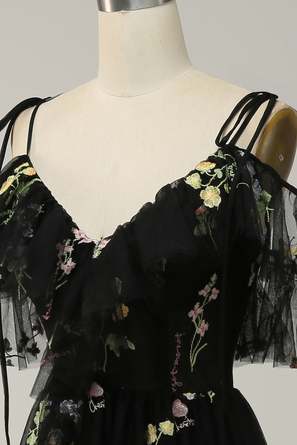 A-Line V-Neck Spaghetti Straps Embroidery Black Slit Prom Dress