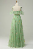 A-Line V-Neck Spaghetti Straps Embroidery Green Slit Prom Dress