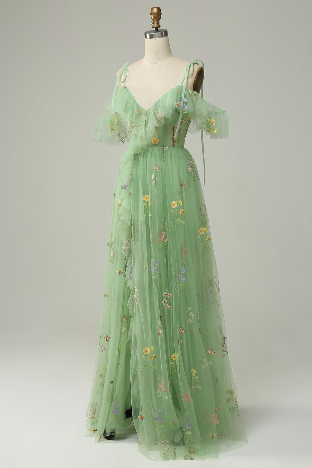 A-Line V-Neck Spaghetti Straps Embroidery Green Slit Prom Dress