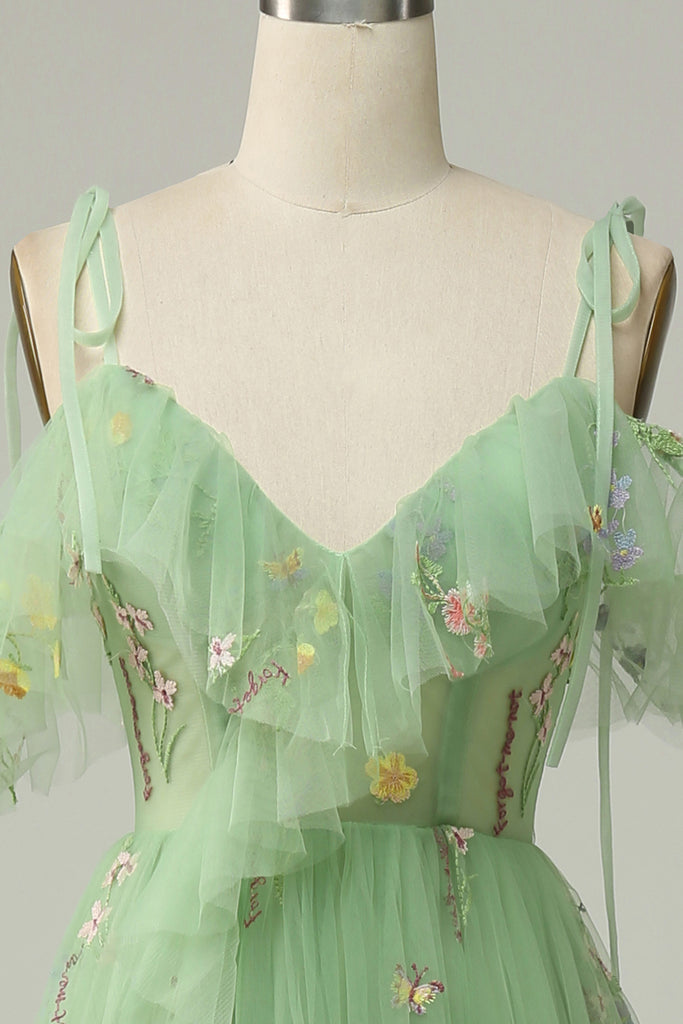 Green Straps Ruffles V Neck A-Line Long Prom Dress, DP2009