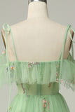 A-Line V-Neck Spaghetti Straps Embroidery Green Slit Prom Dress
