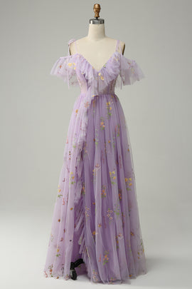 A-Line V-Neck Spaghetti Straps Embroidery Lavender Slit Prom Dress