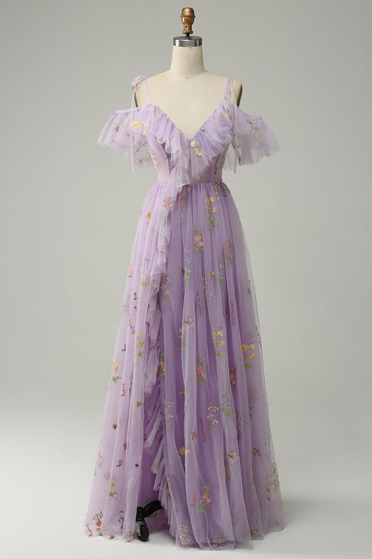 A-Line V-Neck Spaghetti Straps Embroidery Lavender Slit Prom Dress