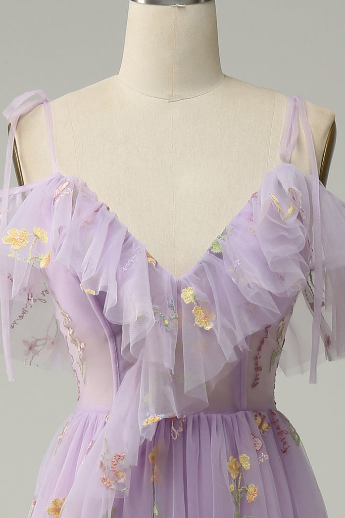 Gorgeous A Line Sequins Evening Dress with Split - Spaghetti-Straps Lavender