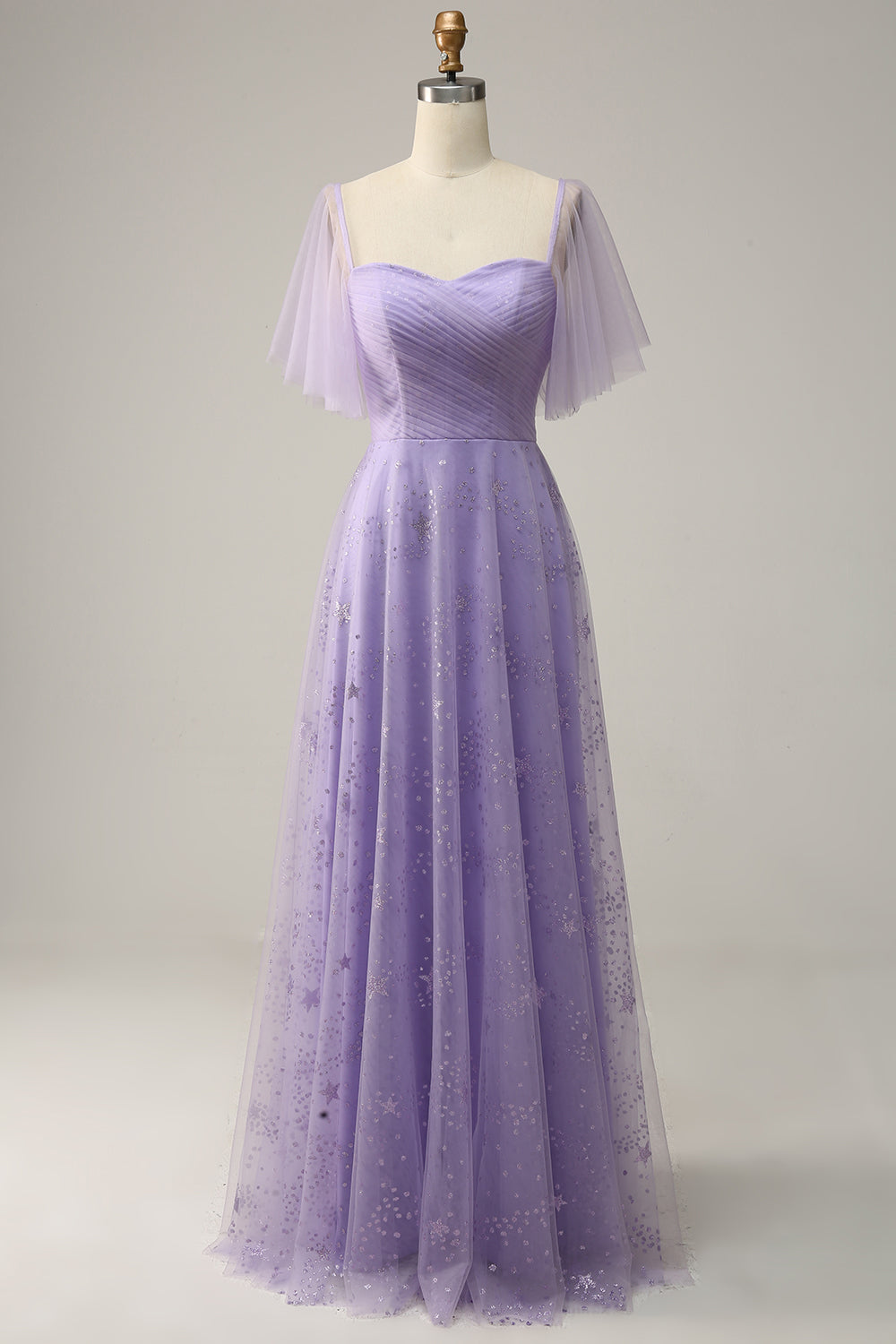 lavender off the shoulder prom dress Lavender Tulle A-line Off-Shoulder Puff Sleeves Pleated Long Prom Dres Dreamdressy