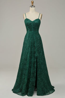 Dark Green Lace Spaghetti Straps Corset Prom Dress