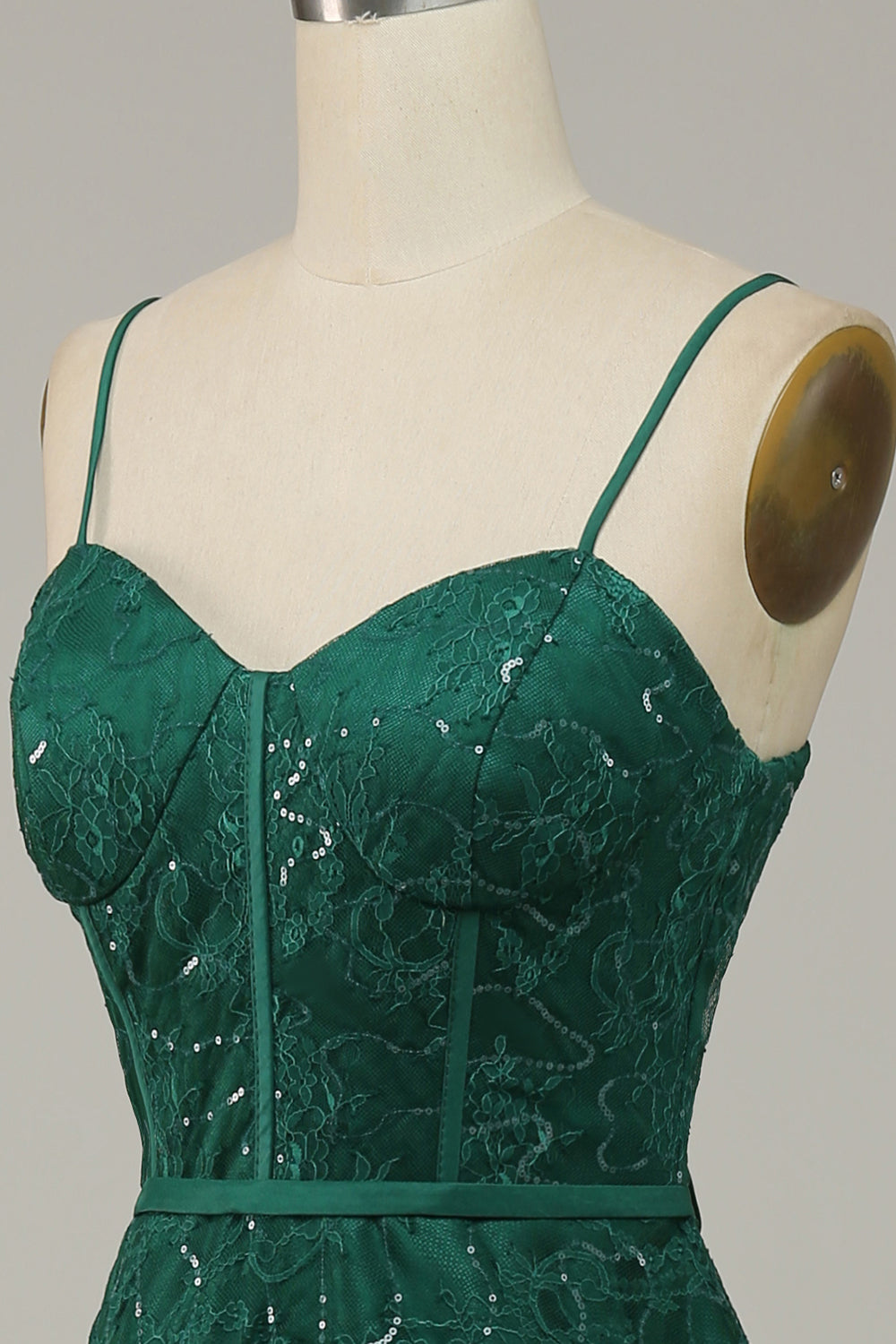 Dark Green Lace Spaghetti Straps Corset Prom Dress