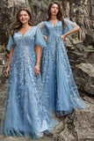 A Line V Neck Grey Blue Plus Size Prom Dress with Appliques