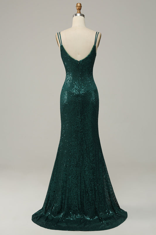 Dark Green Sequined Spaghetti Straps Prom Dress With Slit