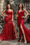 Dark Red Sequins Mermaid Long Sparkly Prom Dress with Slit