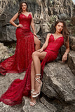 Dark Red Sequins Mermaid Long Sparkly Prom Dress with Slit