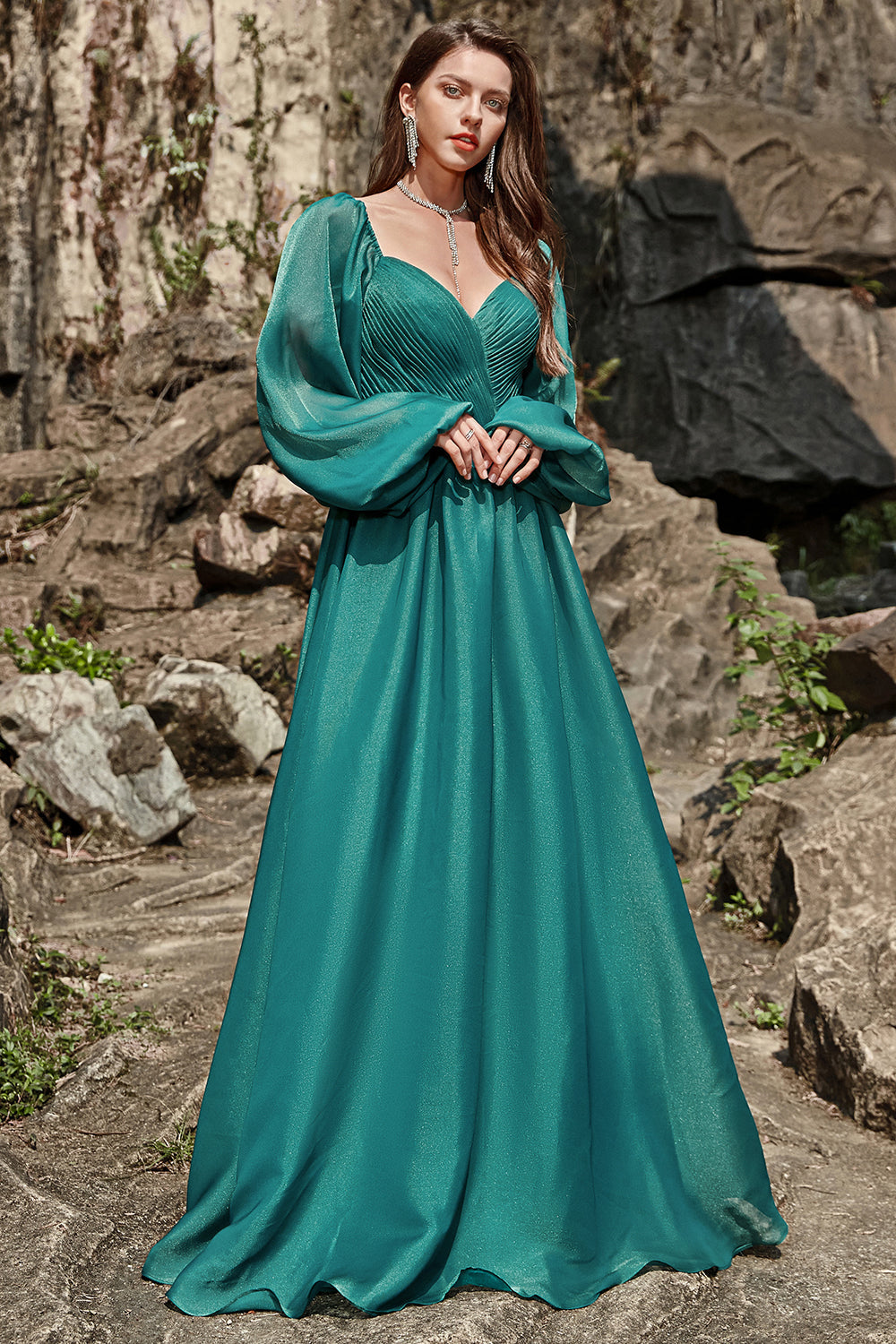 A Line Sweetheart Dark Green Long Prom Dress with Long Sleeves