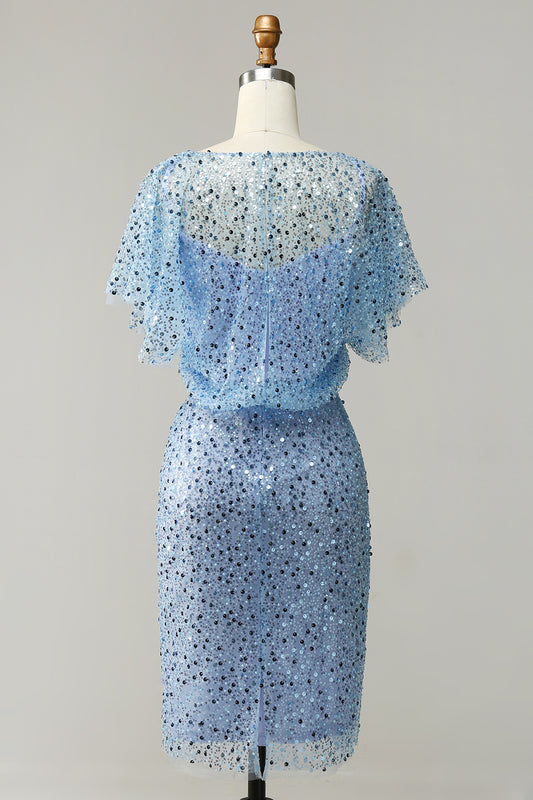 Grey Blue Sequins Butterfly Sleeve Bodycon Mother Dress
