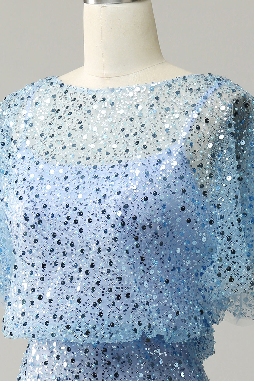 Grey Blue Sequins Butterfly Sleeve Bodycon Mother Dress