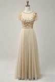 A Line Flower Beaded Apricot Long Prom Dress