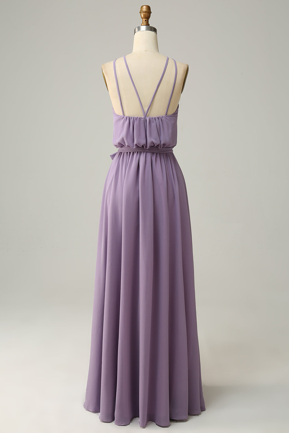 A Line Halter Grey Purple Long Bridemaid Dress with Bowknot