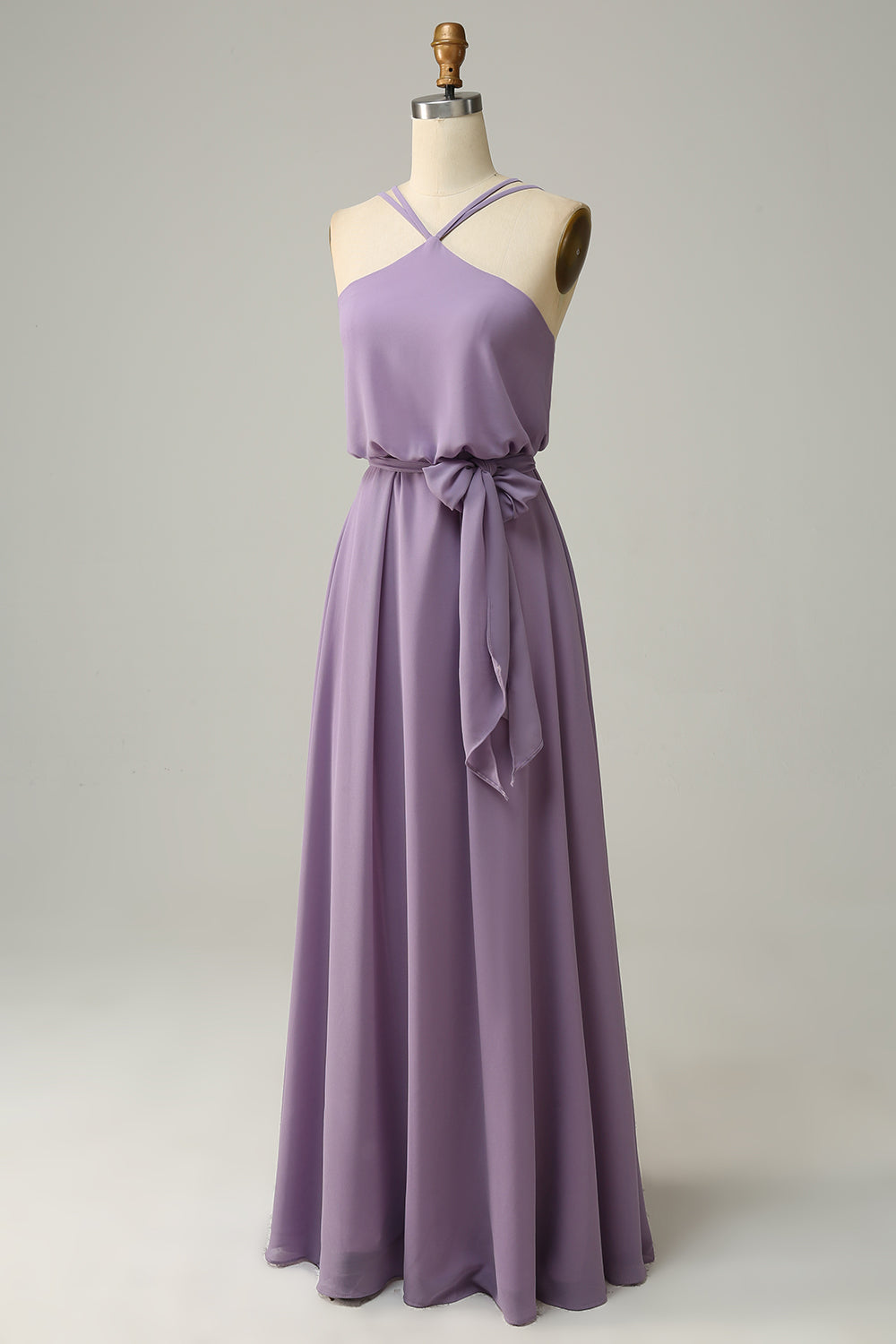 A Line Halter Grey Purple Long Bridemaid Dress with Bowknot