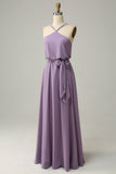 A Line Halter Yellow Long Bridemaid Dress with Bowknot