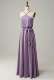 A Line Halter Grey Purple Long Bridemaid Dress with Bowknot