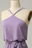 A Line Halter Grey Purple Long Bridemaid Dress with Bowknot