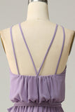 A Line Halter Grey Purple Long Bridemaid Dress with Bowknot
