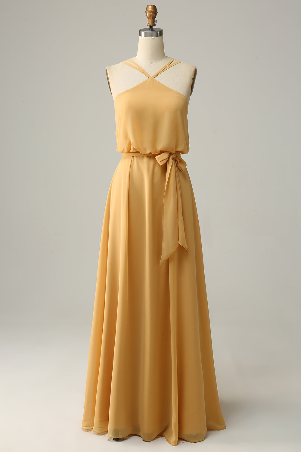 yellow bridesmaid dresses AW.Bridal A-line V-Neck Floor Length Sleeveless Spaghetti Straps Ruching Split Long Dress Mustard Size 6 Nature Hemline/Train Six Stories Bridesmaid satin halter