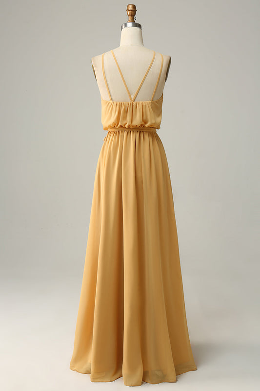 A Line Halter Yellow Long Bridemaid Dress with Bowknot