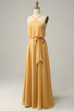 A Line Halter Yellow Long Bridemaid Dress with Bowknot