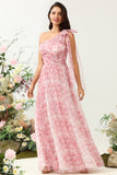 Red A Line One Shoulder Print Tulle Bridesmaid Dress with Ruched