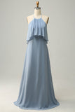 A Line Halter Neck Blue Long Bridesmaid Dress
