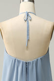A Line Halter Neck Blue Long Bridesmaid Dress