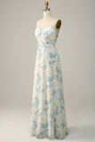 Spaghetti Straps Blue Floral Long Bridesmaid Dress