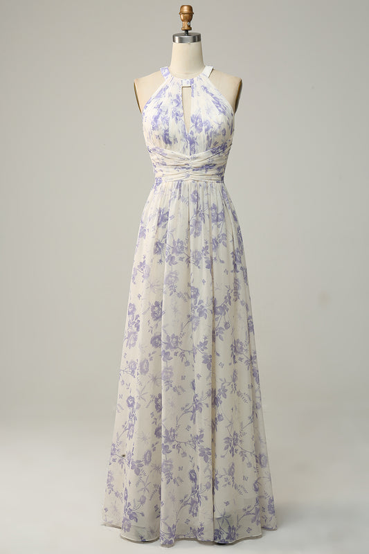 Halter Neck A line Floral Long Bridesmaid Dress