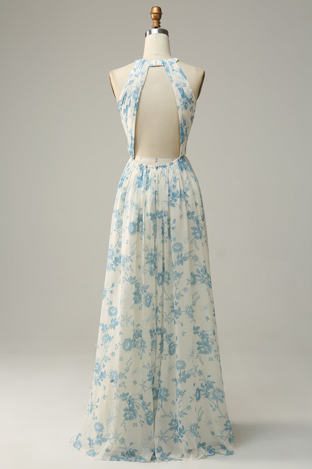 Blue Floral Boho Long Chiffon Bridesmaid Dress