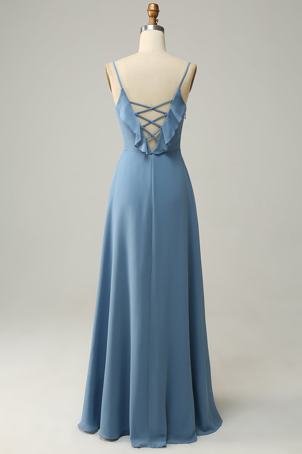 A Line Spaghetti Straps Grey Blue Long Bridesmaid Dress with Ruffles
