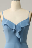 A Line Spaghetti Straps Grey Blue Long Bridesmaid Dress with Ruffles