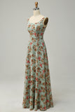 A Line Square Neck Green Floral Long Bridesmaid Dress with Open Back