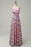 A Line Square Neck Pink Floral Long Bridesmaid Dress with Open Back