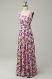 A Line Square Neck Pink Floral Long Bridesmaid Dress with Open Back