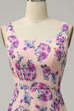 A Line Square Neck Pink Floral Long Bridesmaid Dress with Open Back