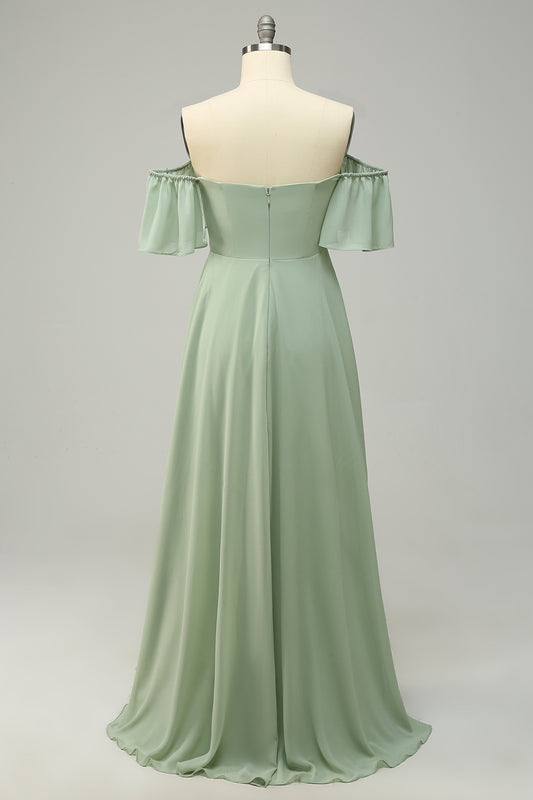 A Line Off the Shoulder Green Bridesmaid Dress with Ruffles