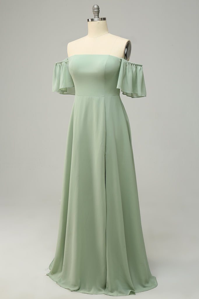 Green A Line Off The Shoulder Corset Maxi Bridesmaid Dress With Ruffles