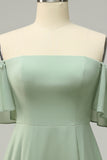A Line Off the Shoulder Green Bridesmaid Dress with Ruffles