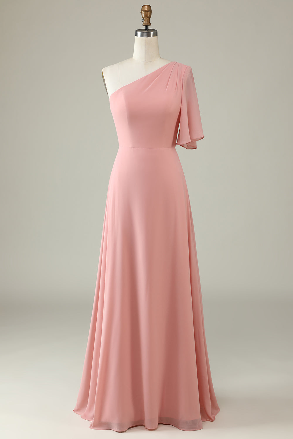 Grey Blue One Shoulder Chiffon Boho Bridesmaid Dress