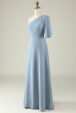 Grey Blue One Shoulder Chiffon Boho Bridesmaid Dress