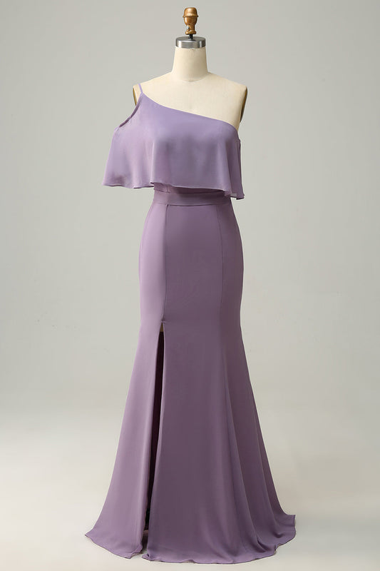 Sheath One Shoulder Purple Plus Size Bridesmaid Dress with Silt