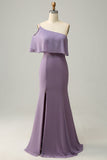 Sheath One Shoulder Purple Plus Size Bridesmaid Dress with Silt