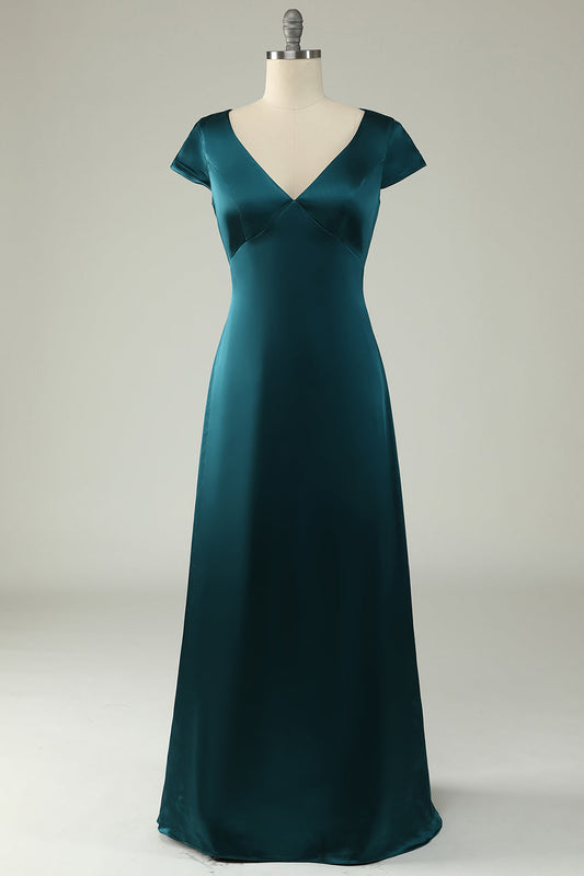 A Line V Neck Dark Green Plus Size Bridesmaid Dress with Open Back