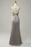 Mermaid Spaghetti Straps Grey Long Bridesmaid Dress with Open Back